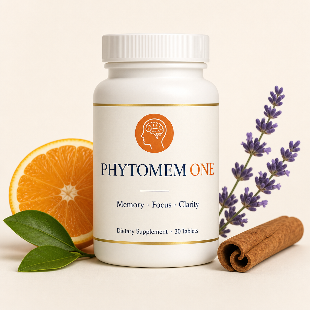 Phytomem One brain support supplement bottle with orange slice, lavender and cinnamon